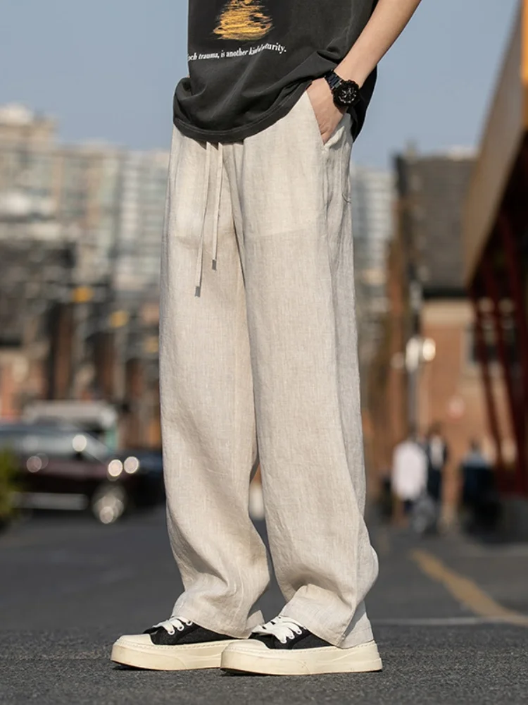 

Легкие свободные брюки прямого кроя из чистого льна для мужчин, летние повседневные брюки, модные дышащие длинные брюки