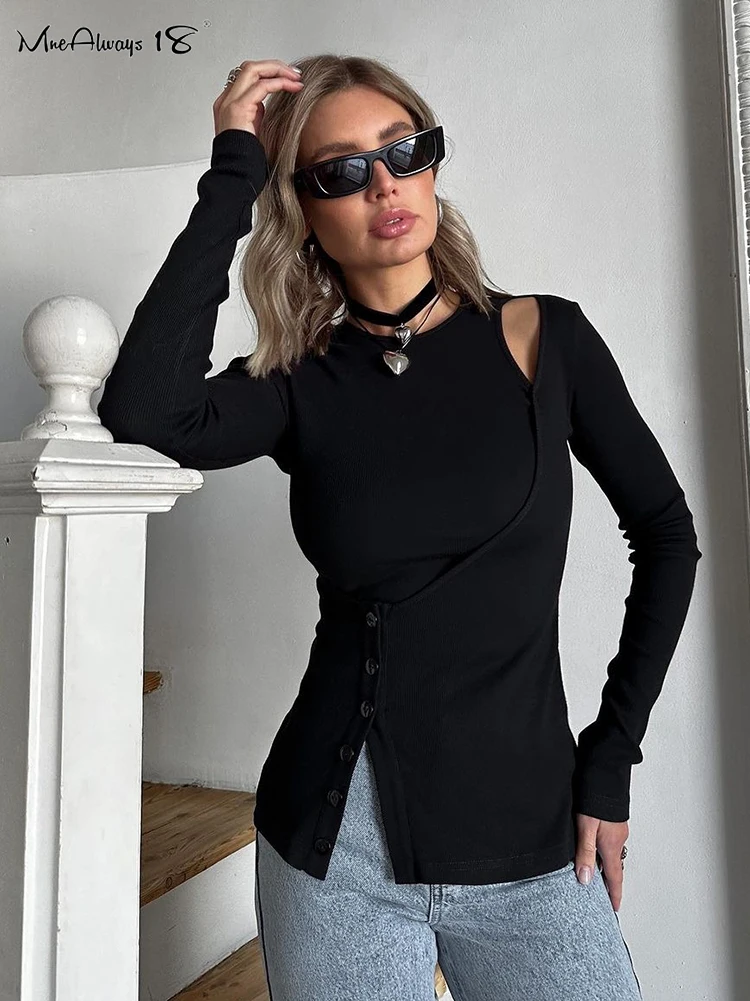 Mnealways18 Irregular Black Ribbed Knitwear Women Tees Women Hollow Out Slim O-Neck Long Sleeve Pullover Tops Office Ladies 2024