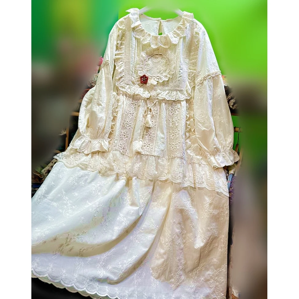 

Vintage Retro Chic Cotton Lace Kawaii Evening White Long Dress for Women Mori Girl Cottage Core Harajuku Lolita Sweet Midi Dress