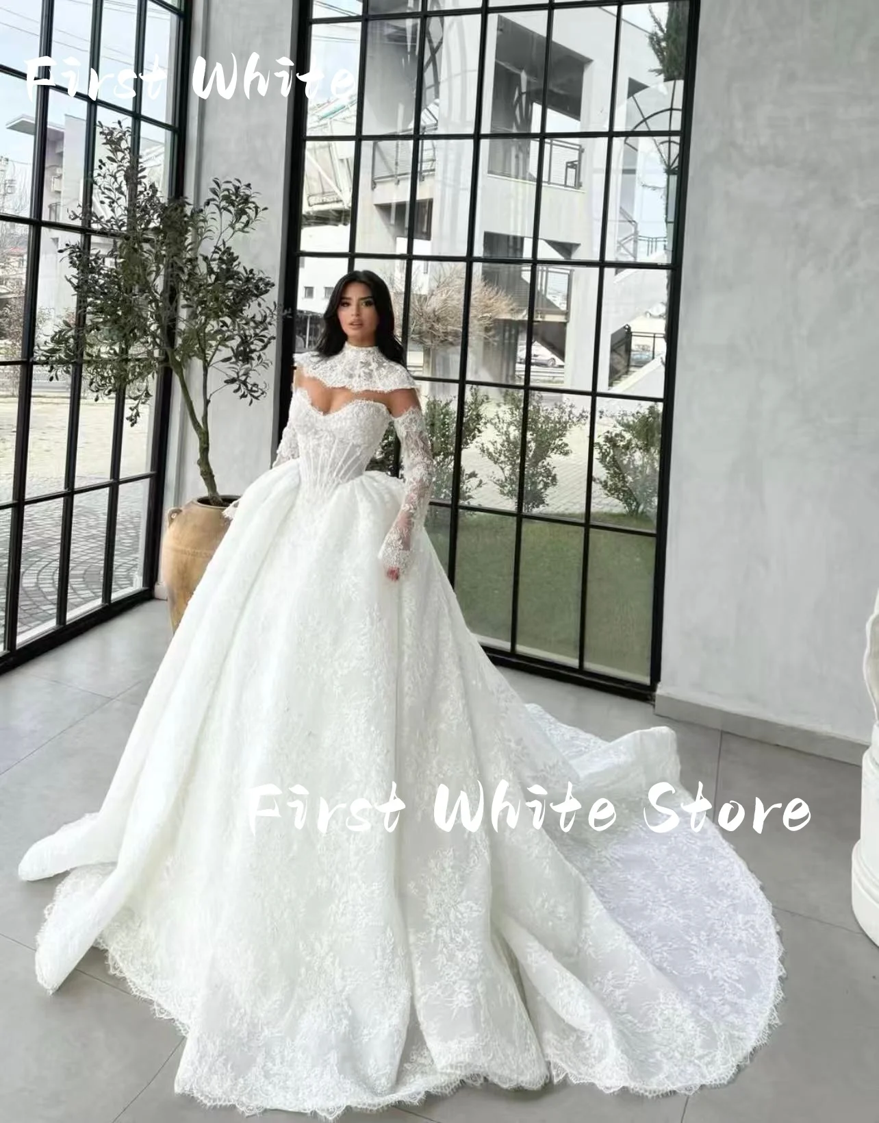 Luxury Lace Pleated Wedding Dresses Exquisite Long Sleeve Vestido De Novia Bustier Corset Bridal Dress Vestidos Customized