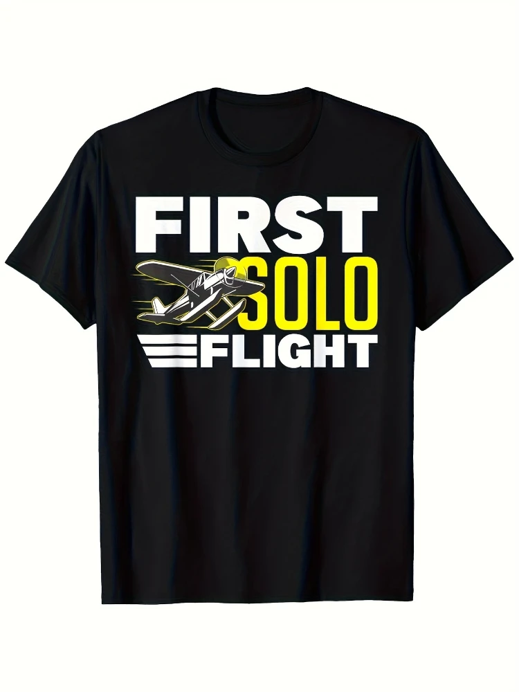 First Solo Flight Pilot License with Airplane&CFI Logos design-100% cotton O-neck short sleeve casual printed men's T-shirt.