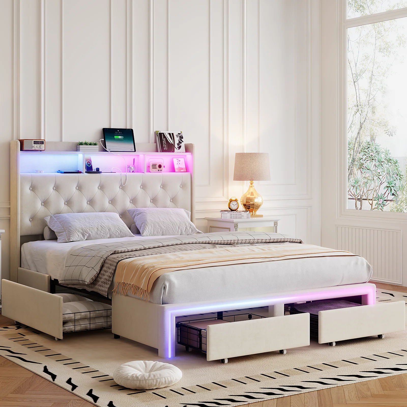 Queen LED Bed Frame With 4 Hidden Storage Compartments,Velvet Platform Bed With 2 Storage,3-In-1 Power Combo & Fast Charging