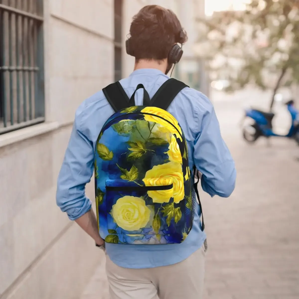 Elegant Yellow Roses On Blue Texture Backpack Boys Girls BookBag Children School Bag Computer Shoulder Bags for Men Women