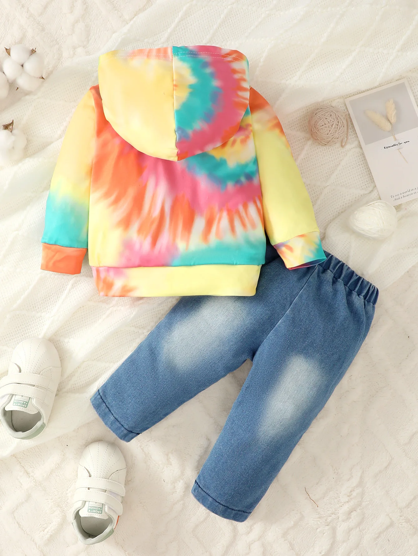 2pcs Spring  Autumn Boys and Girls Set Hooded Tie dye Long sleeved + Jeans set Suitable for Casual Wear for Toddler 3-24 Months