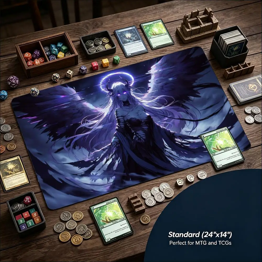 Extra Large Playmat Dark Fallen Angel Fantasy Print Stitched Border Anti‑Slip Rubber Mat For Board Card Game Gaming Home Office