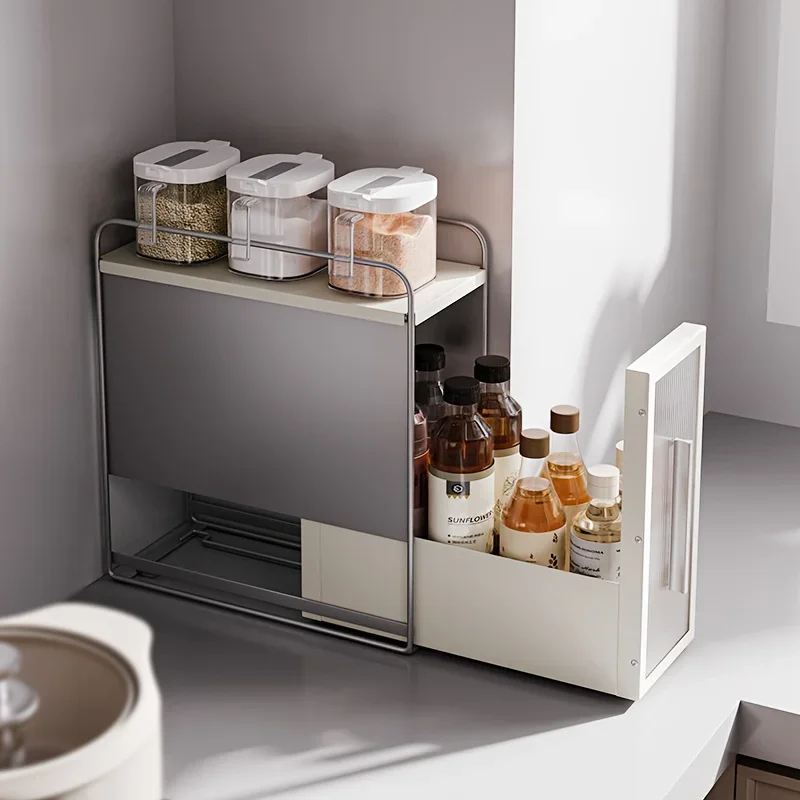 Slim Pull-Out Kitchen Organizer - Metal Spice & Seasoning Rack for Countertop, Wall Corner Storage for Oil, Salt, Sauce, Vinegar