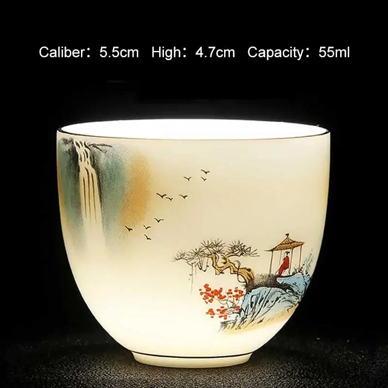 50ml White Porcelain Teacup Teahouse Master\'s Cup Chinese Style Retro Ceramics Wineglass Landscape Painting Literati Tea Set