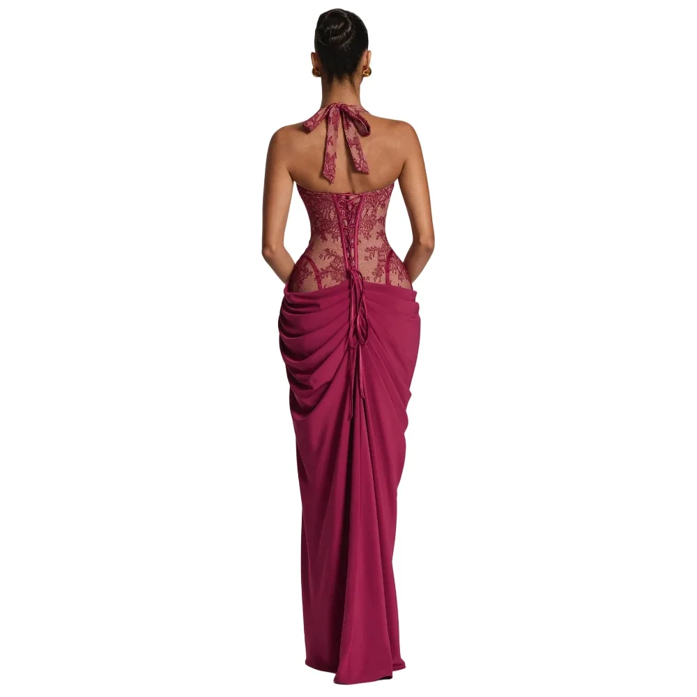 Fashionable Elegant Lace Corset Maxi Dress Sexy Halter Backless Draped High Split Gown For Women Formal Prom Dinner Party Club view 6
