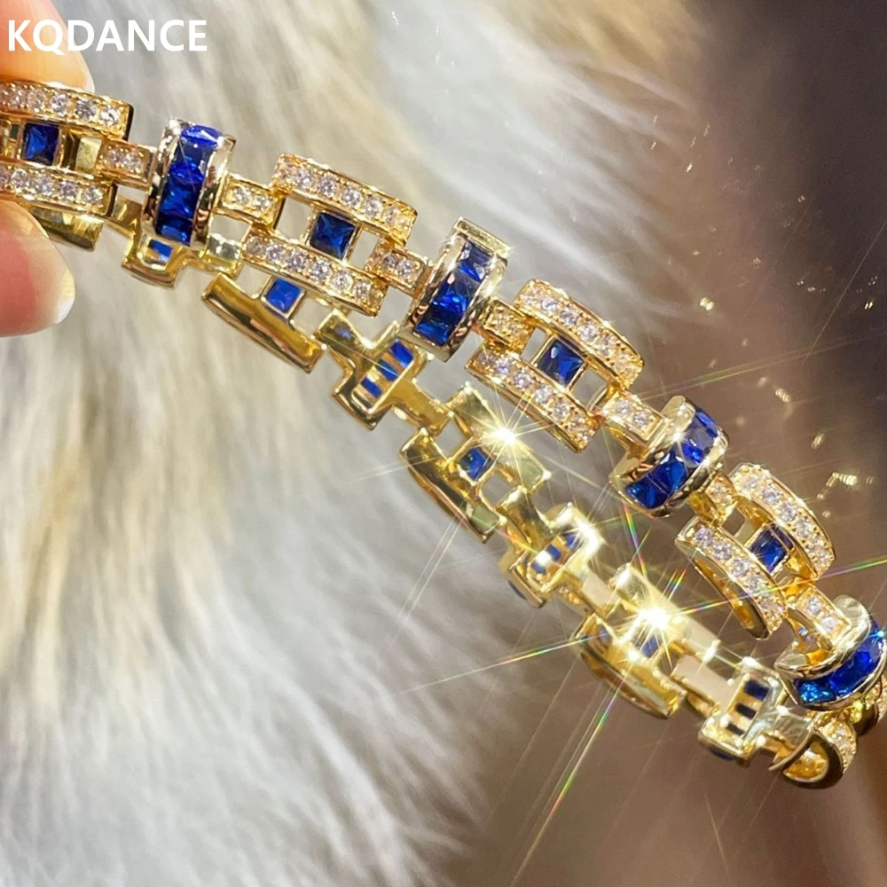 KQDANCE Solid 925 Silver With  High Carbon Diamond Lab Created Blue Sapphire Gemstone Bracelets Luxury Fine Jewelry For Women