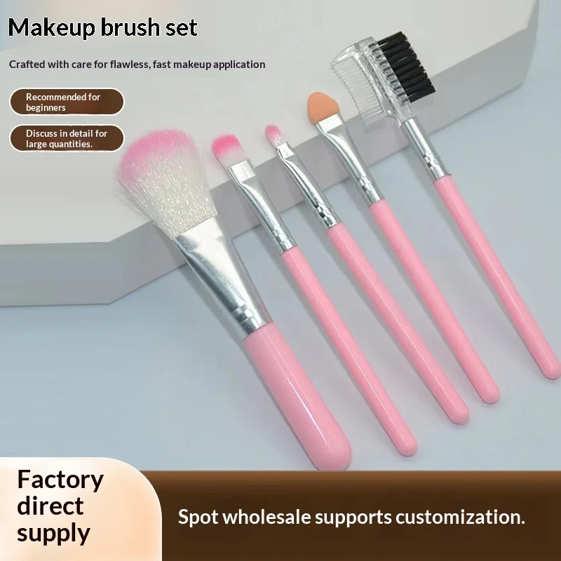 5 Piece Pink Makeup Brush Set Soft Fiber Hair for Eyeshadow Lip Blush Foundation Beauty Tools