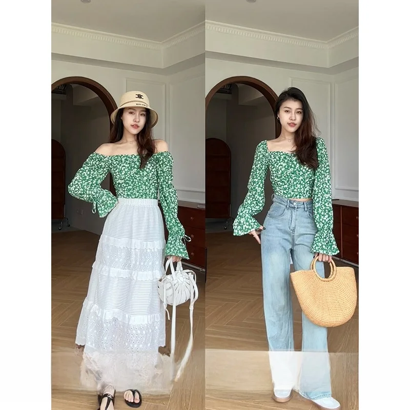 

Spring Blooming Floral Print Green Short Crop Top One Shoulder Design Square Collar Two-Way Wear Slim Fit Women's Shirt
