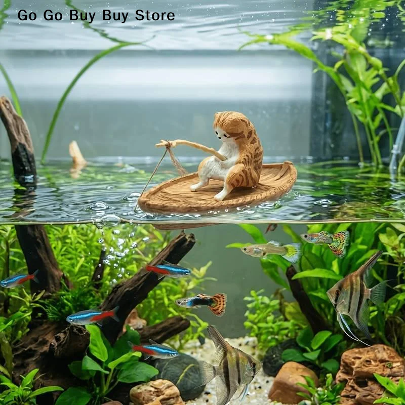 【S】1 Stück Hochwertiges, langlebiges Harz-Aquarium-Dekor im Meeresstil, kreatives Katzen-Angelboot-Aquarium-Ornament