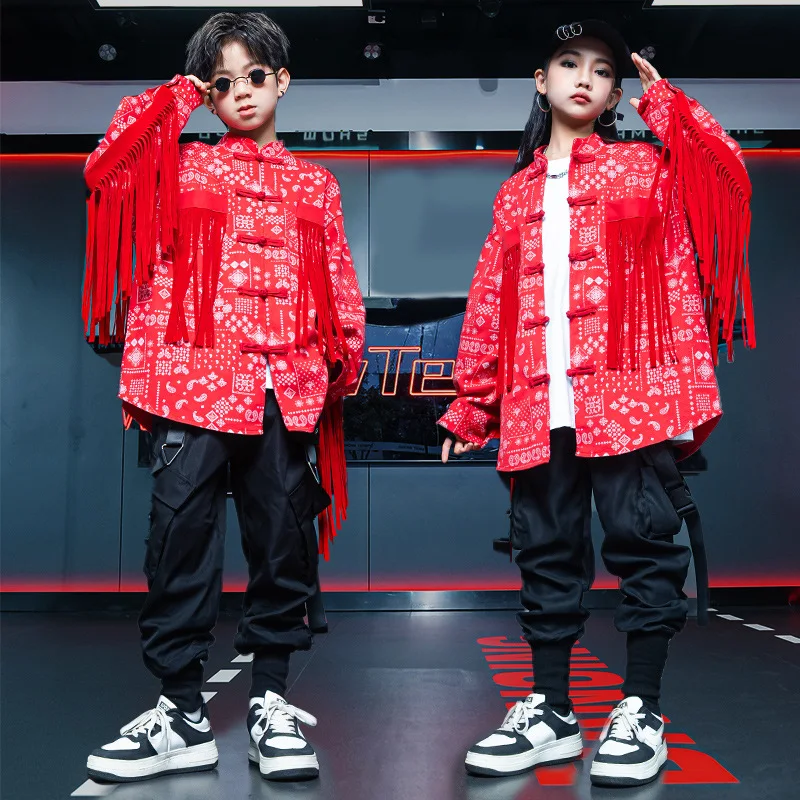 Conjuntos de ropa de Jazz de Hip Hop para niños y niñas, chaqueta roja de manga larga con borlas estampadas, Top y pantalones, trajes de baile callejero para adolescentes