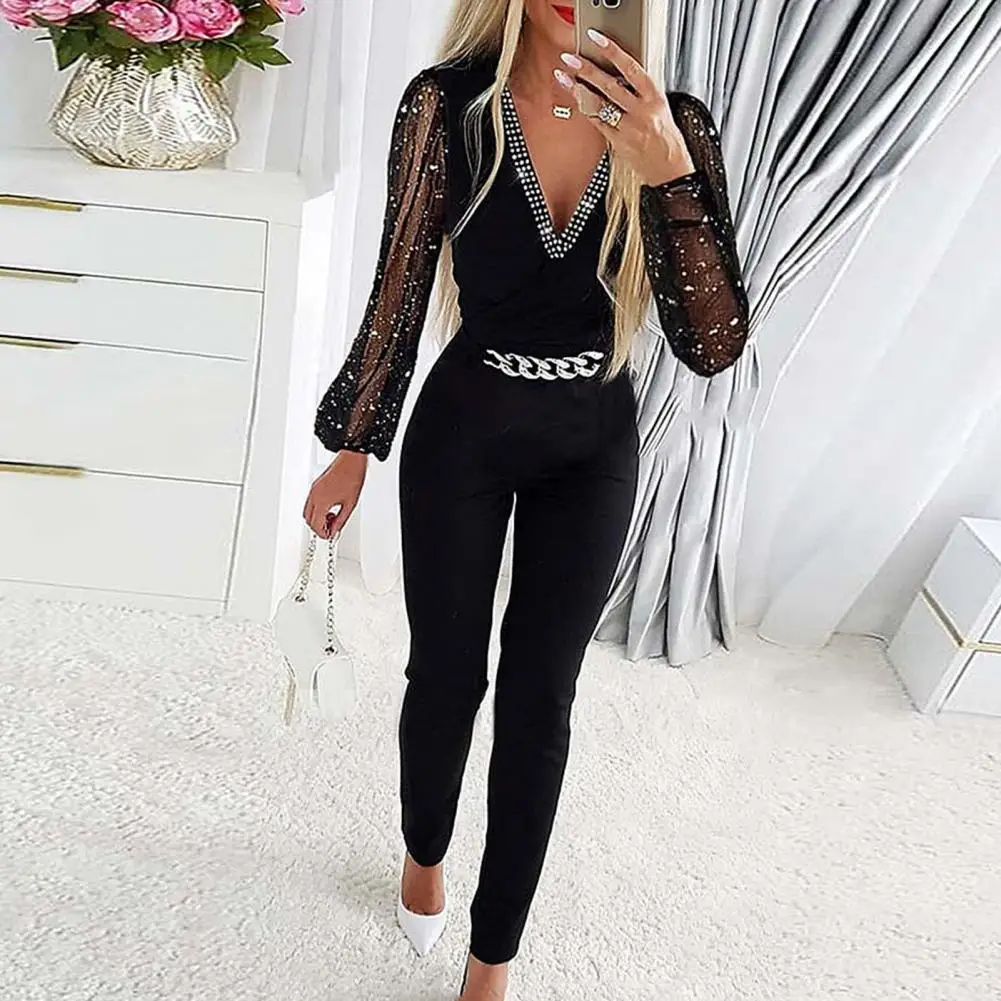 

Women Jumpsuit Rhinestone Sexy Bodysuits See-through Mesh Chain Decor Formal Long Sleeve Jumpsuit One Piece Overall