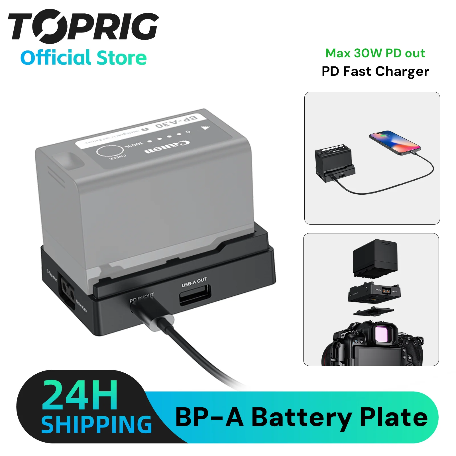 

Toprig BC08 BP-A Mounting Plate Battery Charger for Canon BP-A Type Batteries, with USB-A USB-C D-Tap, PD Out Ports, PD