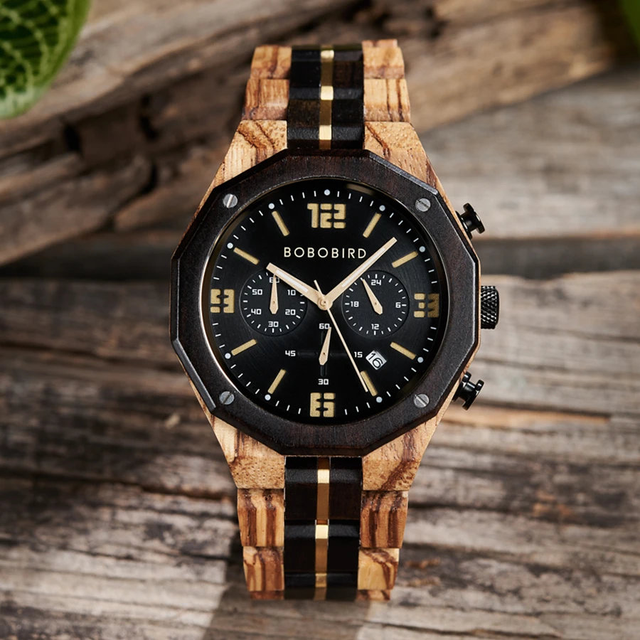 BOBO BIRD Wooden Men\'s Watches 3 Sub Dial Chronograph Support OEM Customized Drop Shipping