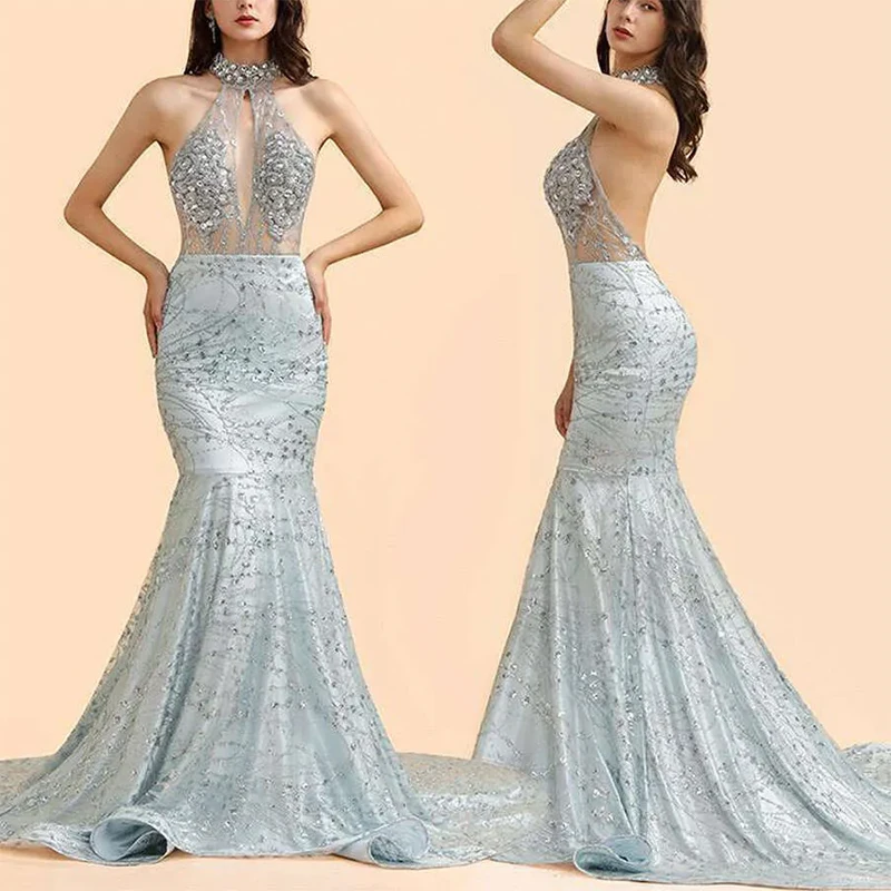 Halter Beaded Formal Evening Dresses Lace Printing Cut-out Mermaid Prom Dresses Customized فساتين سهرات