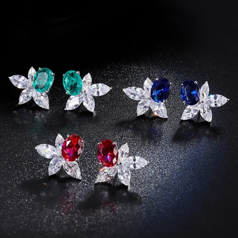 

Elegant Red Blue Sapphire CZ Floral Stud Earrings for Women Luxury Oval Cut Flower Design Silver Setting Perfect Gift Jewelry