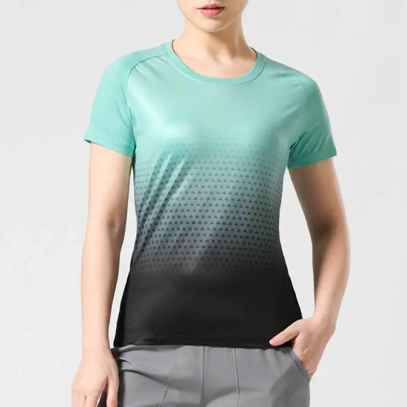 Gradient Color Quick Dry Sport T-shirt Women Slim Gym Workout Hiking Short Sleeve Tees Shirt Running Yoga Fitness Tops MM710