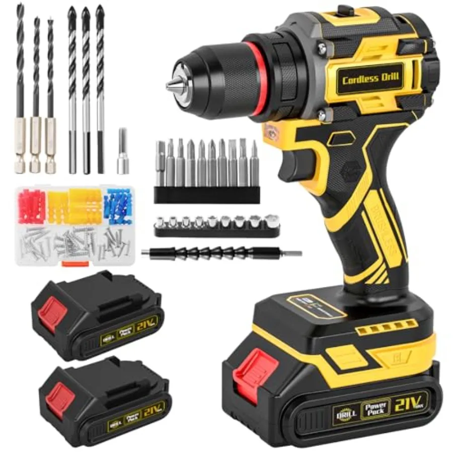 

Cordless Drill 21V Brushless Power Drill with Dual 2.0Ah Power Pack and Charger Electric Drills Set 3/8" Metal Chuck 25+1 Torqu