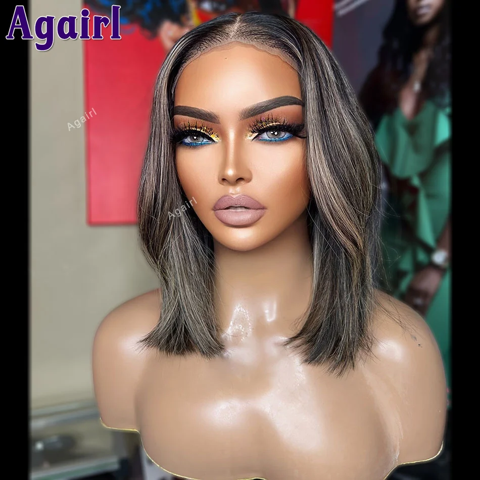 Perruque Bob Lace Wig Body Wave Naturelle, Cheveux Courts, Pre-Plucked, Transparent, Blond à Reflets 180%, 13x4, pour Femme