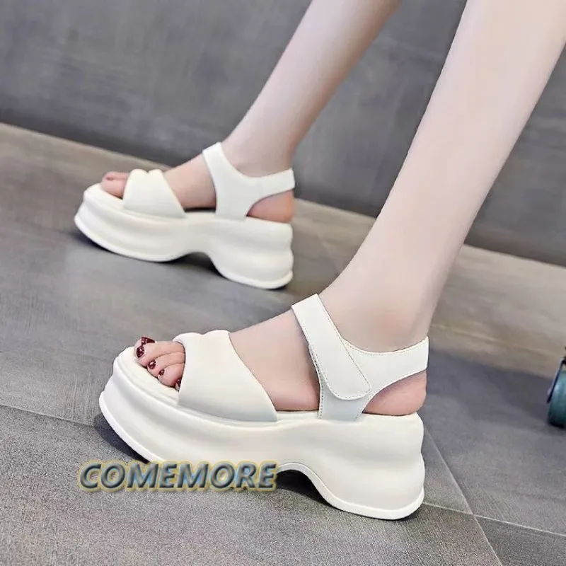 Peep Toe Super High Thick Bottom Summer Casual Shoes Platform Women\'s Sports Style Sandals Beach Round Head Anti Slip 2024 White