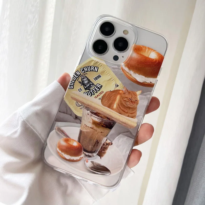 Korean Ins Breakfast with Orange Cat Case for iPhone 13 Pro Max Back Phone Cover for 12 Mini 11 Pro Max X XS XR 8 7 Plus SE 2020