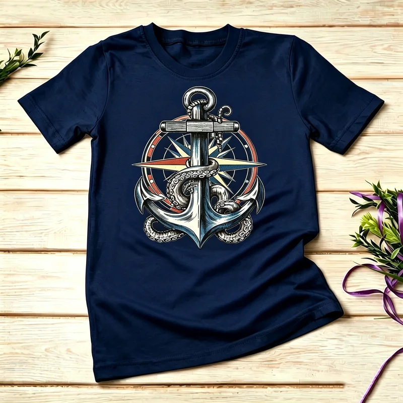 Cool Novelty Vintage Nautical Anchor Compass Octopus Graphic T-Shirt for Men Women 100% Cotton Casual Summer Streetwear Gift