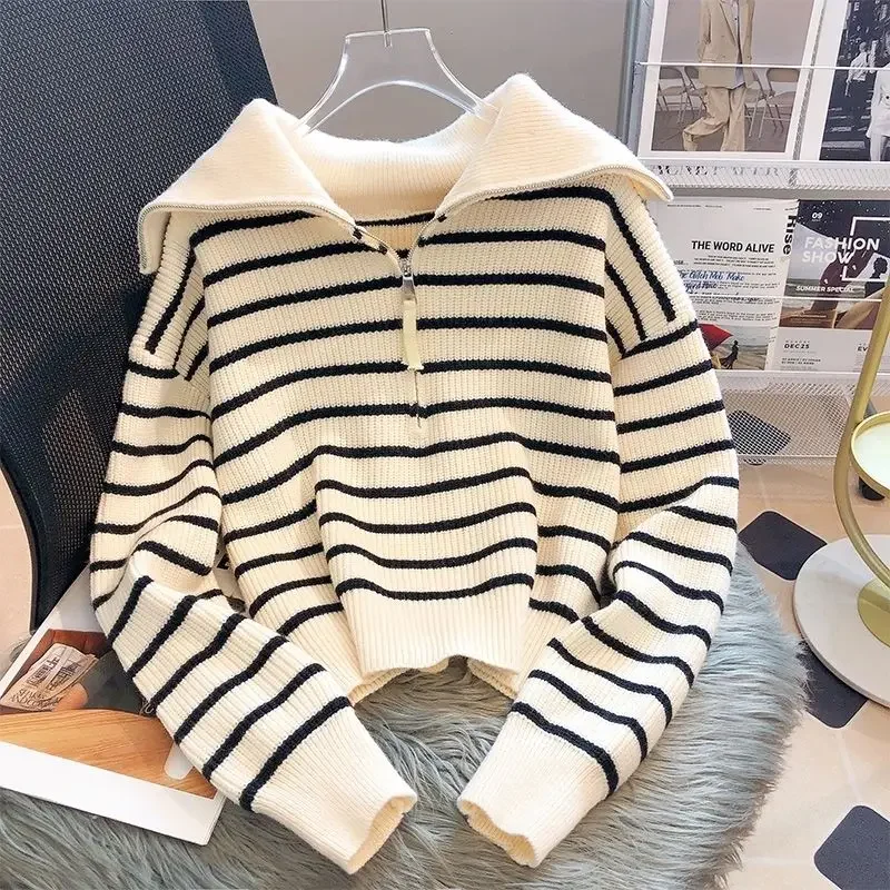 Korejpaa Striped Turn-down Collar Sweaters Women Half Zipper Pullover Top Autumn Winter Korean Style Knitted Pull Femme