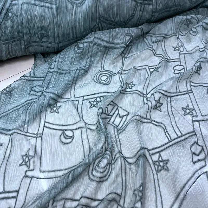 L100cm X W140cm Vintage Sparrow Blue Chiffon Fabric Starry Geometric Embroidery Lightweight Dress Blouse DIY Home Craft Material