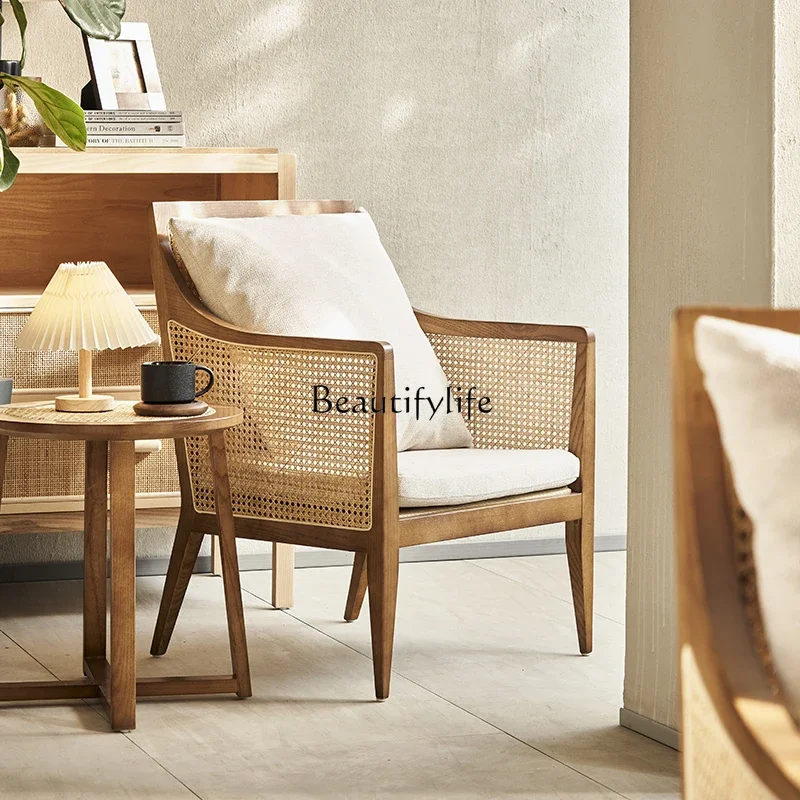 Nordic solid wood sofa chair balcony leisure elderly rattan chair three-piece B & B hotel