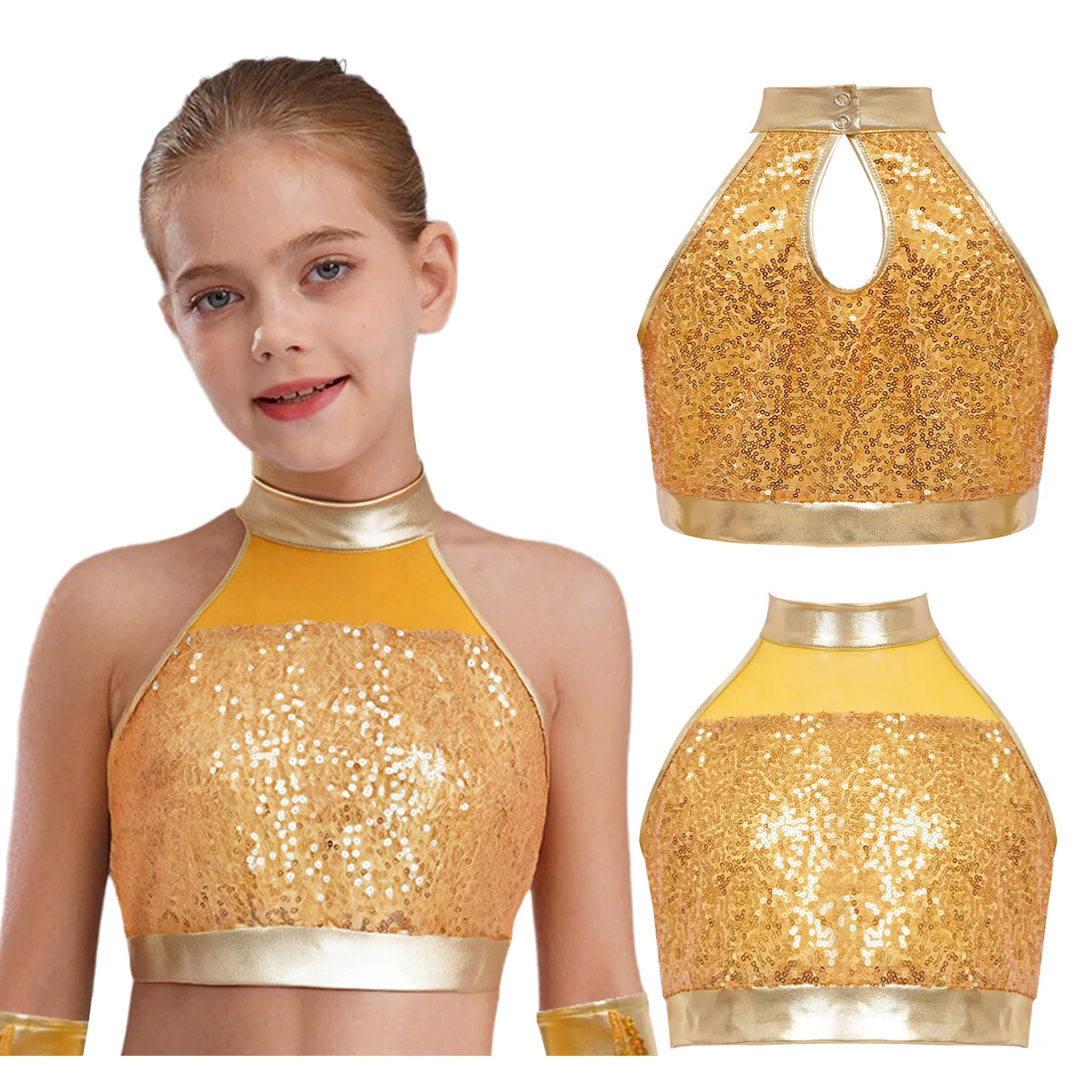 

Kids Girls Belly Dance Tops Sleeveless Mock Neck Glitter Sequin Patchwork Keyhole Back Crop Top for Jazz Belly Dance Performance