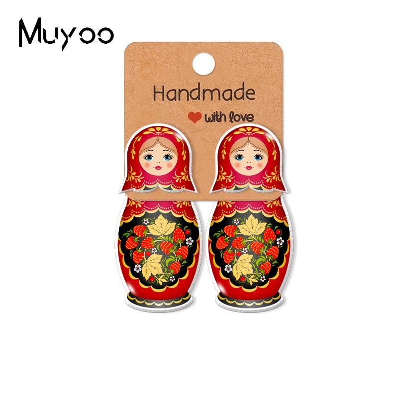 2021 New Arrival Classical Traditional Russian Matryoshka Patterns Epoxys Acrylic Resin Stud Earrings Handcraft Jewelry Earrings