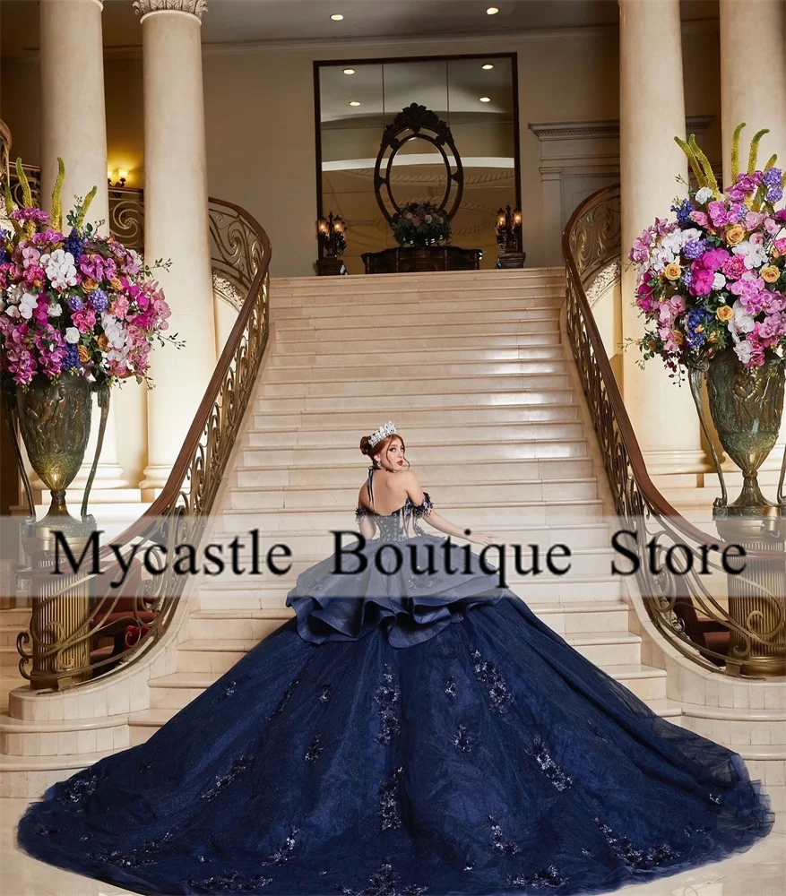 Navy Blue Beaded Off Shoulder Quinceanera Dresses 2025 Lace Appliques Mexican Pincess Ball Gown Ruffles Sweet 16 Dress Corset