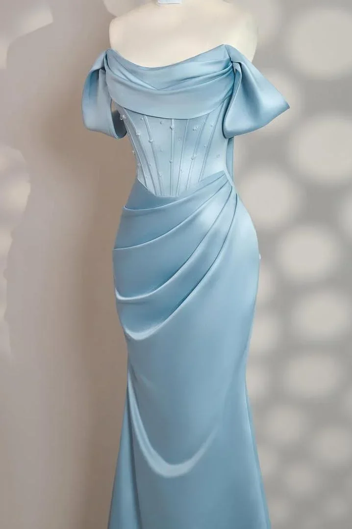 فساتين حفلات نسائية من CUYUN باللون الأزرق السماوي حورية البحر من الساتان مناسبة رسمية مكشوفة الكتف فستان طويل مطوي مخصص للحفلات الراقصة مع فيونكة
