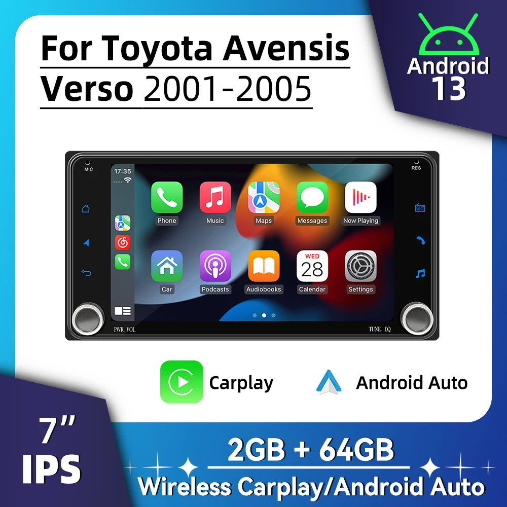 7 "شاشة أندرويد سيارة الوسائط المتعددة 2 الدين راديو لتويوتا أفينسيس فيرسو 2001-2005 اللاسلكية Carplay أندرويد السيارات ستيريو GPS BT WIFI #2