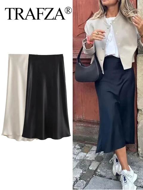 TRAFZA Women Elegant Solid Satin Long Skirt Chic Y2K High Waist Slim Skirts Female Fashion Silk Texture Ladies Tight Midi Skirt AliExpress