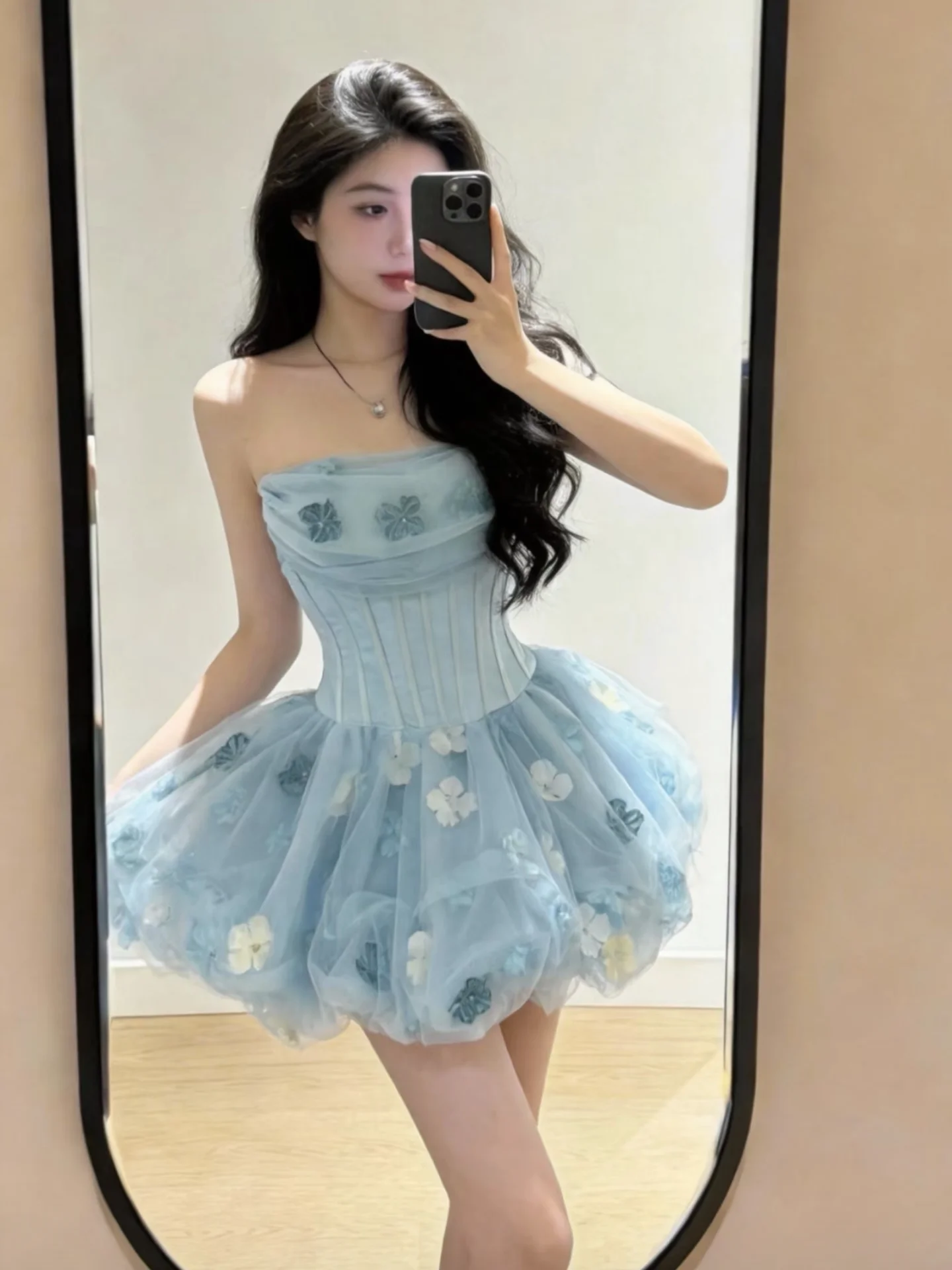 

Elegant Short Dress with Mesh Waist Cinching Puffy Design Sweet Cute Girl Fashionable Breathable Polyester Spring Autumn