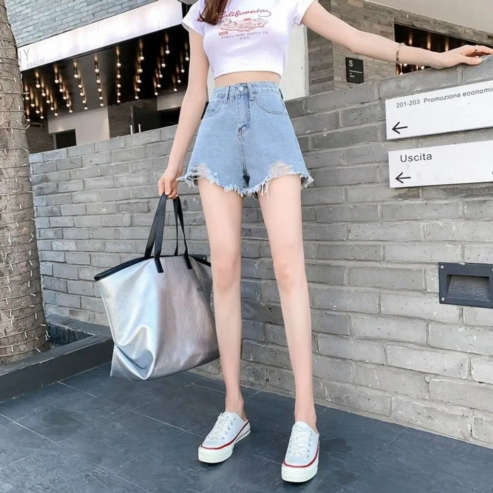 Trendy Stretchy Jean Shorts for Women Ripped High Waisted Denim Shorts Tassel All-match Distressed Shorts Summer Wear