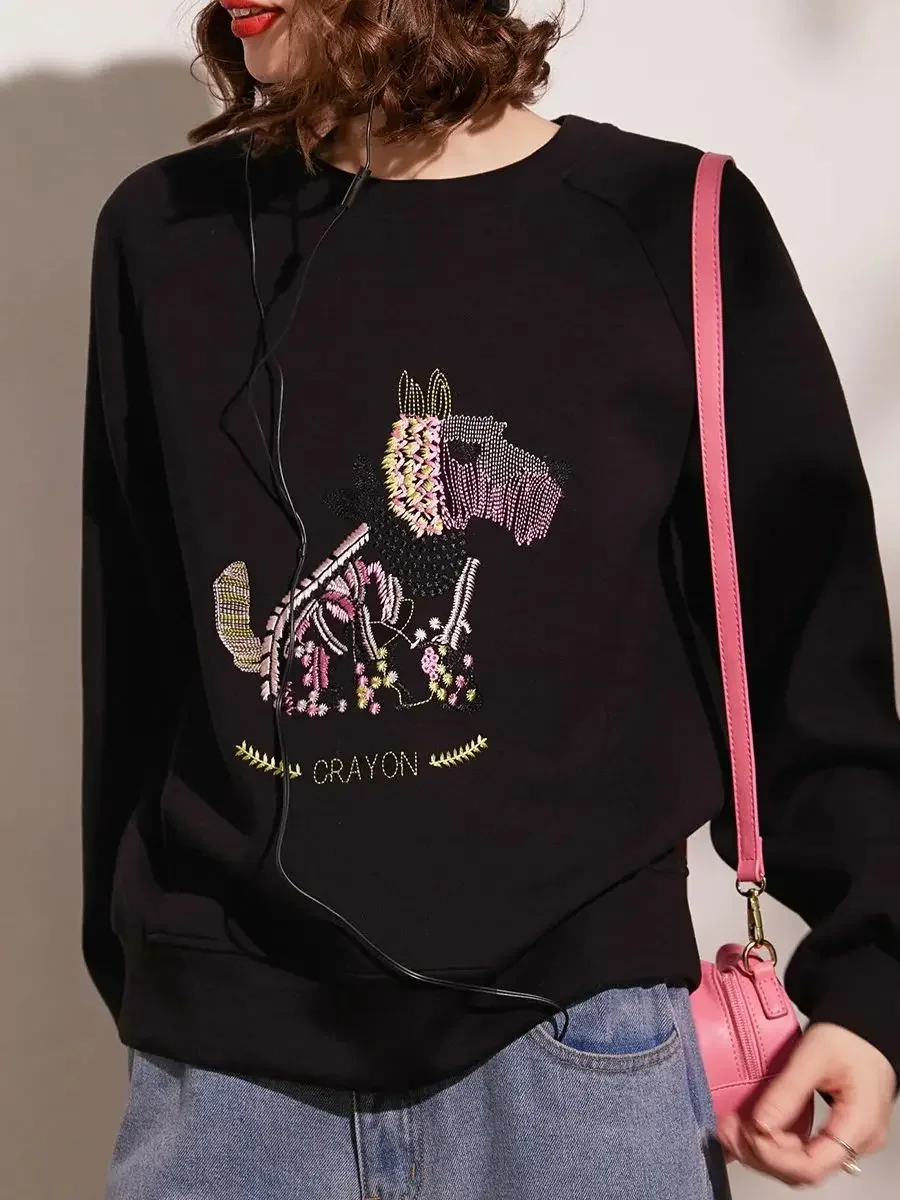 LOUIS YAO Women Hoodies 2024 Spring New Round Neck Long Sleeve Embroidered Dog Fashionable Casual Loose Fit Women Pullover Top