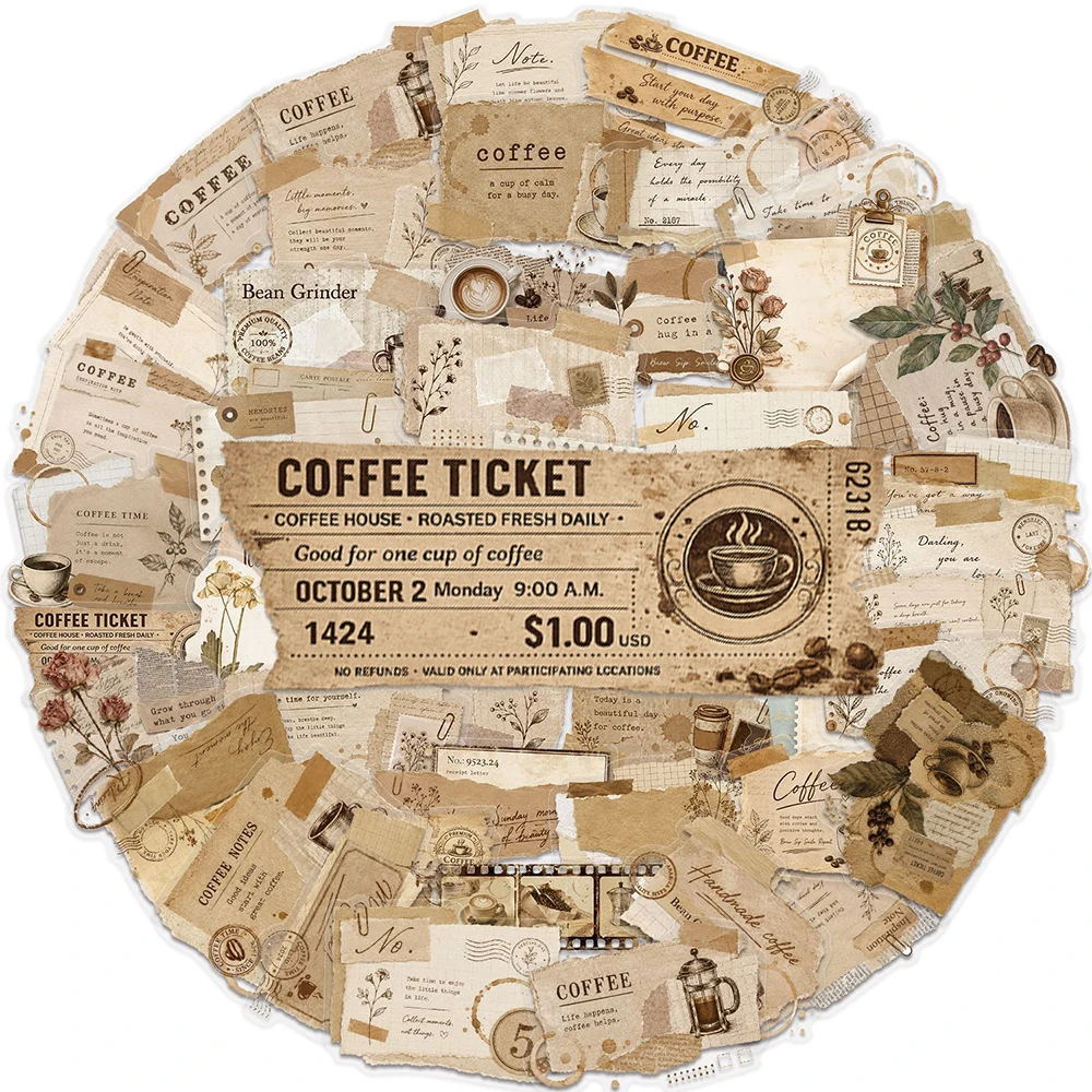 10/30/50pcs Vintage Coffee Letter Cartoon Stickers Transparent Waterproof Decal DIY Hand Account Guitar Luggage Graffiti Sticker