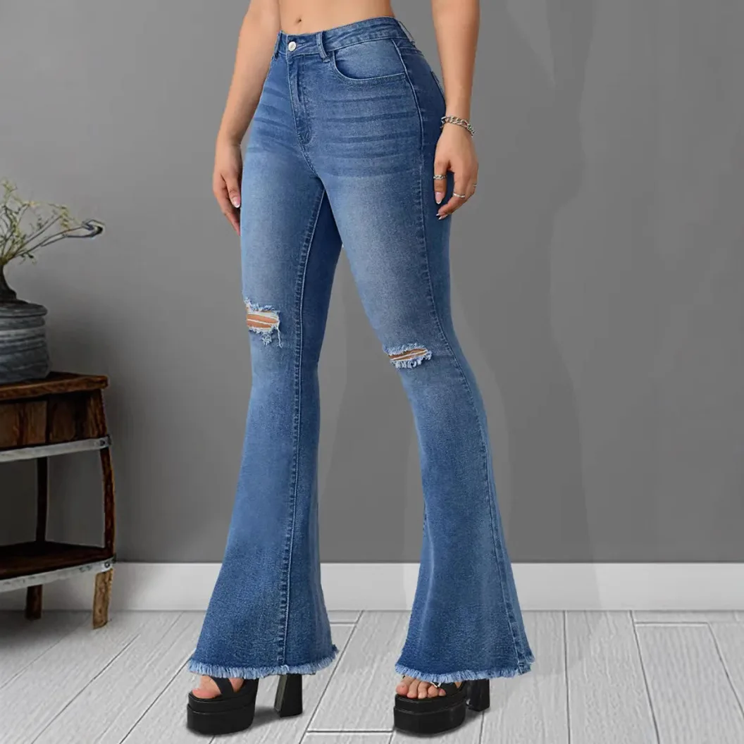 

Индивидуальные узкие джинсы с потертыми дырками, женские четырехсезонные новые модные удобные джинсовые брюки-клеш с грубыми краями, женские брюки