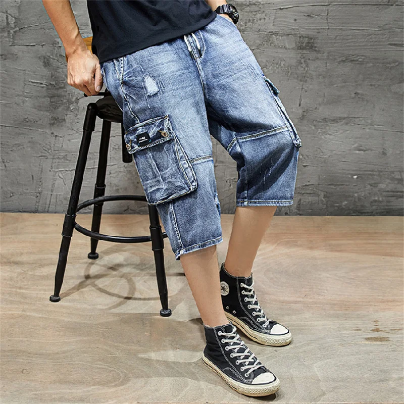 

2024 Summer New Men High Quality Jeans Straight Cargo Shorts Fashion Casual Elasticated Waist Stretch Big Pocket Cropped Jean