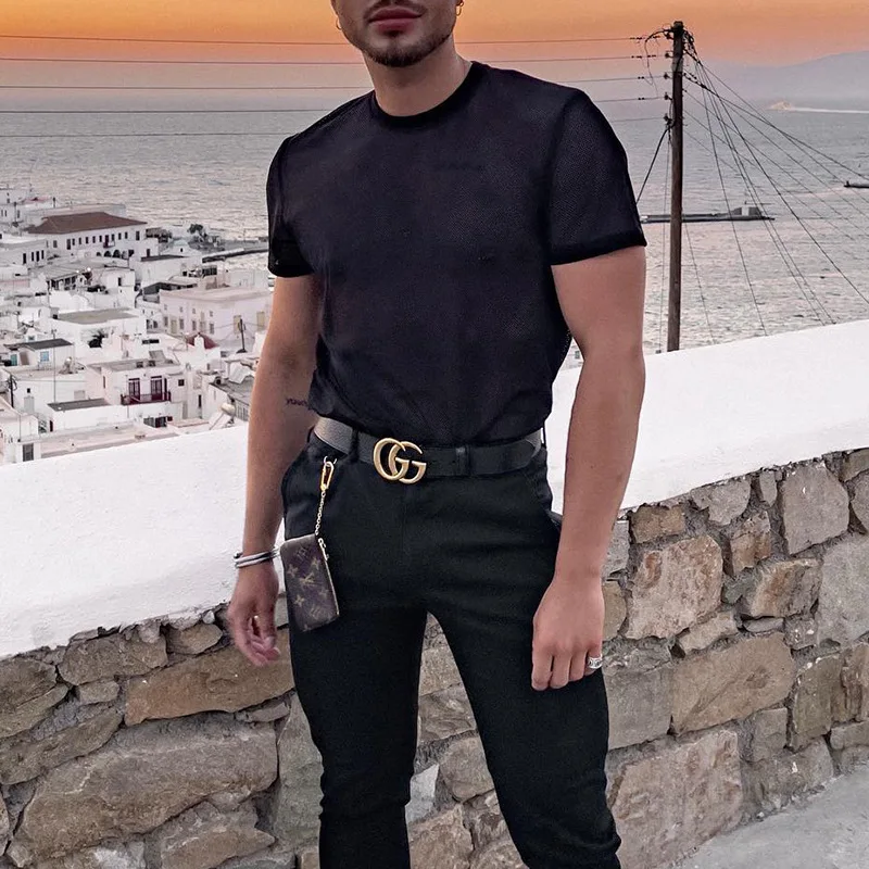 New T-shirt Loose Long-sleeved Bottoming Shirt Fashionable Men's Hollow-woven Slim-fitting Black Top
