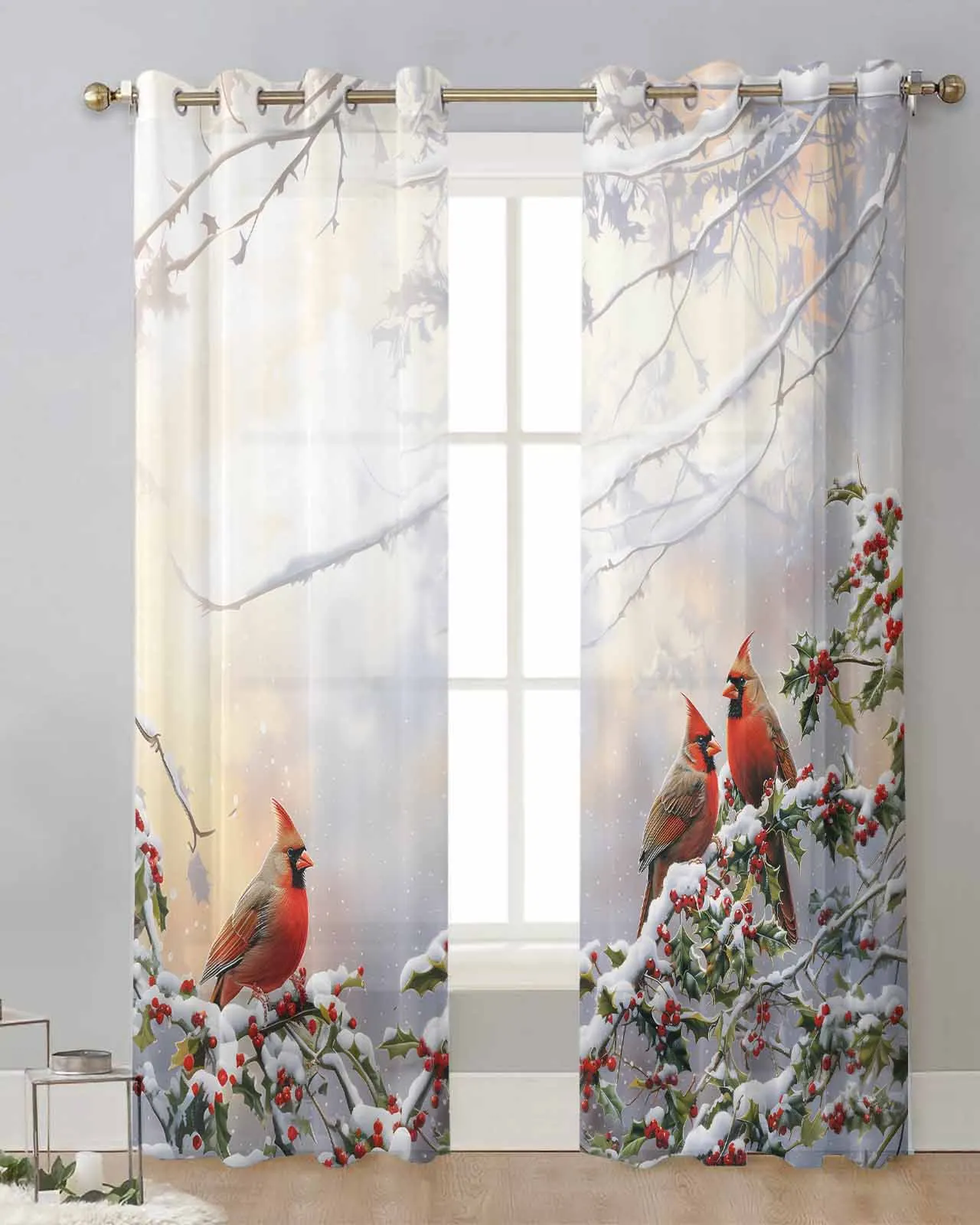 

Winter Snowy Scenery Forest Cardinals Berries Sheer Curtains for Living Room Printed Tulle Window Curtain Luxury Home Drapes