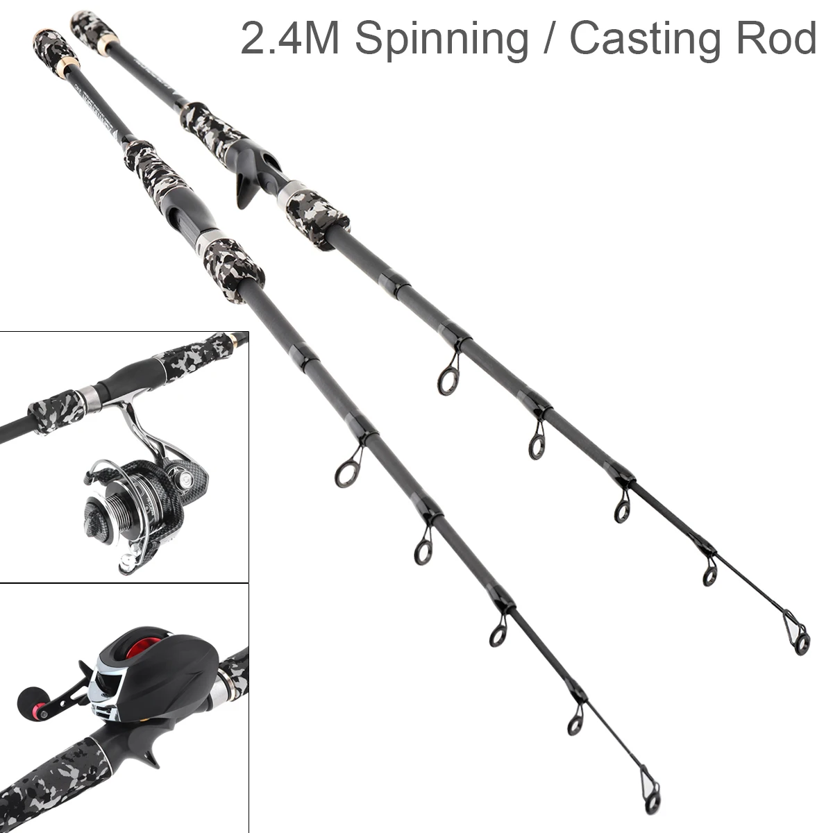 

2.4m Gray Camouflage Color Carbon Fiber Lure Fishing Rod Spinning Casting Rod 6 Section Telescopic Ultra Light Travel Fishing