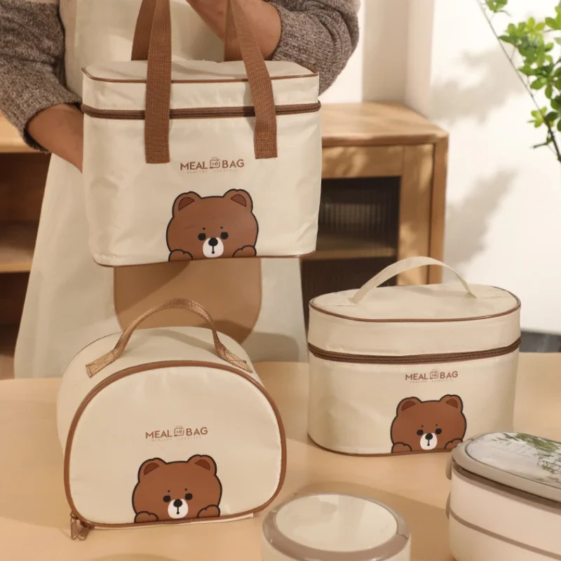 Lunch Bags Leather Bear Kids Large Capacity Bento Pouch for Children Thermal Insulated Cooler With Tableware Cup Tote Picnic Box