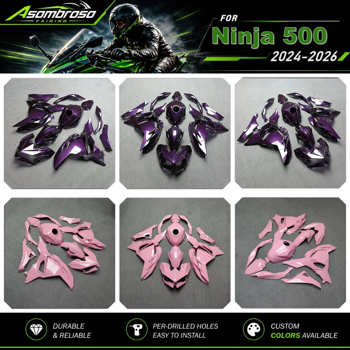 Custom Edition Injection Fairing Kit For Kawasaki Ninja 500 2024-2026 Motorcycle ABS Bodywork Panel Set Pink & Purple