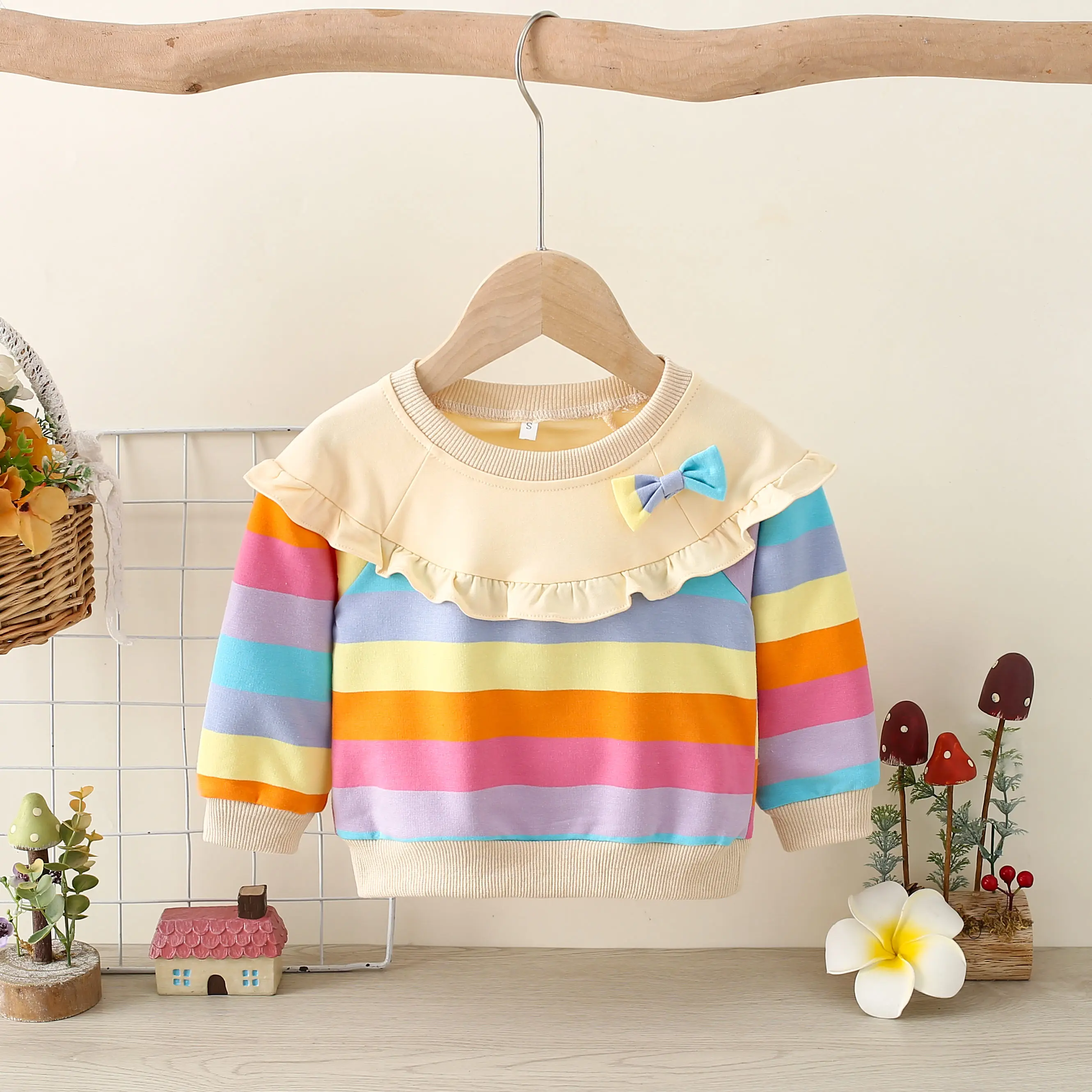 Summer New Baby Girls Dress Rainbow Lace Pleated Hoodie Long Sleeve Rainbow Striped Bow Sweet Casual Round Neck