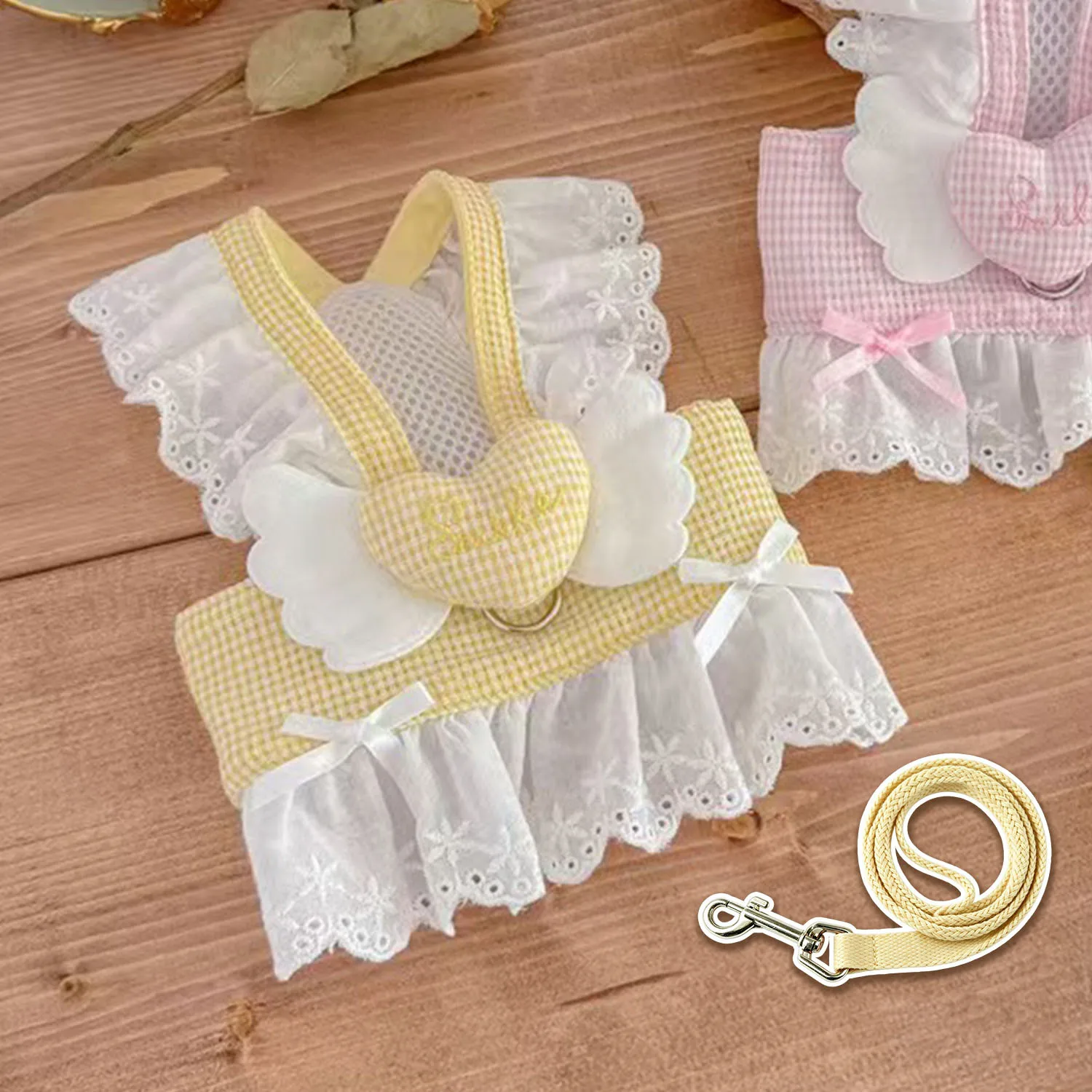 Cute Lace Ruffle Plaid Dog Harnesses Vest 3D Angel Heart Mesh Pet Chest Strap For Small Medium Dog Cat Outdoor Walking Apparel view 6